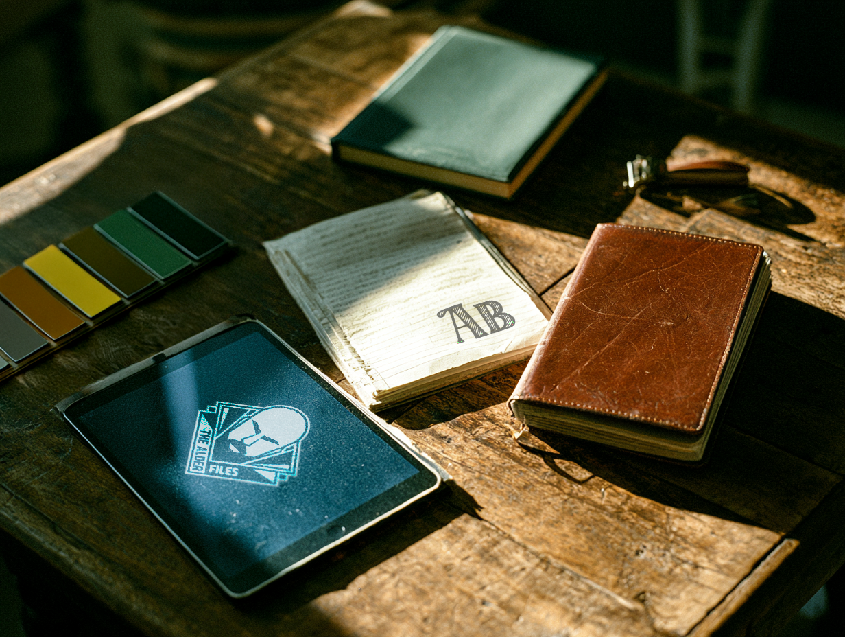 Leather journal, color swatches, and monogrammed goods representing brand identity design elements