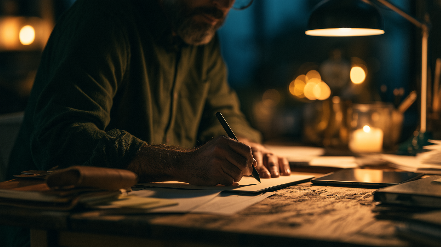 a man sketching out logo ideas on paper stylus to illustrate brand development