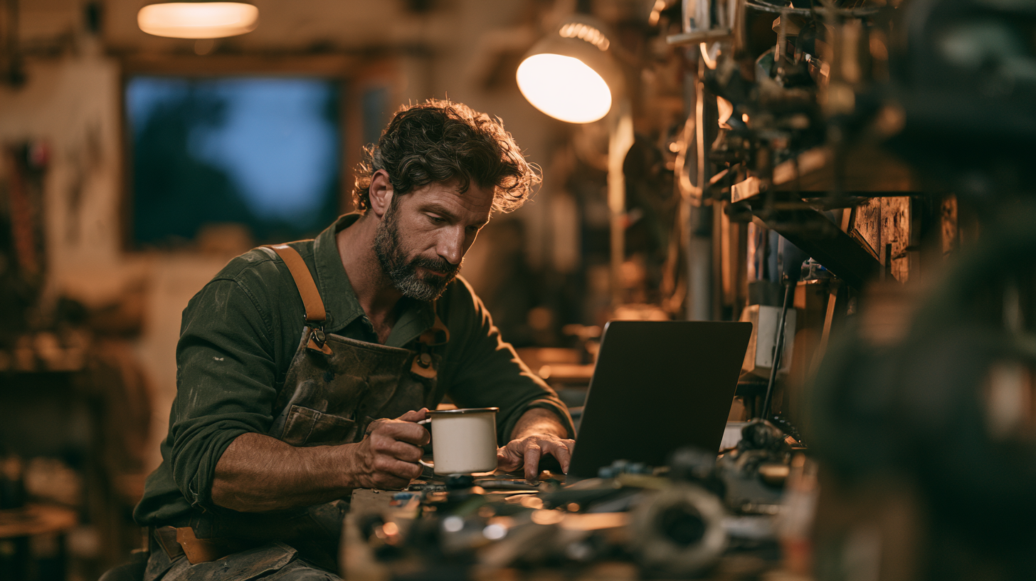 Man sitting at worn workbench with tools and open laptop, representing restraint in brand design