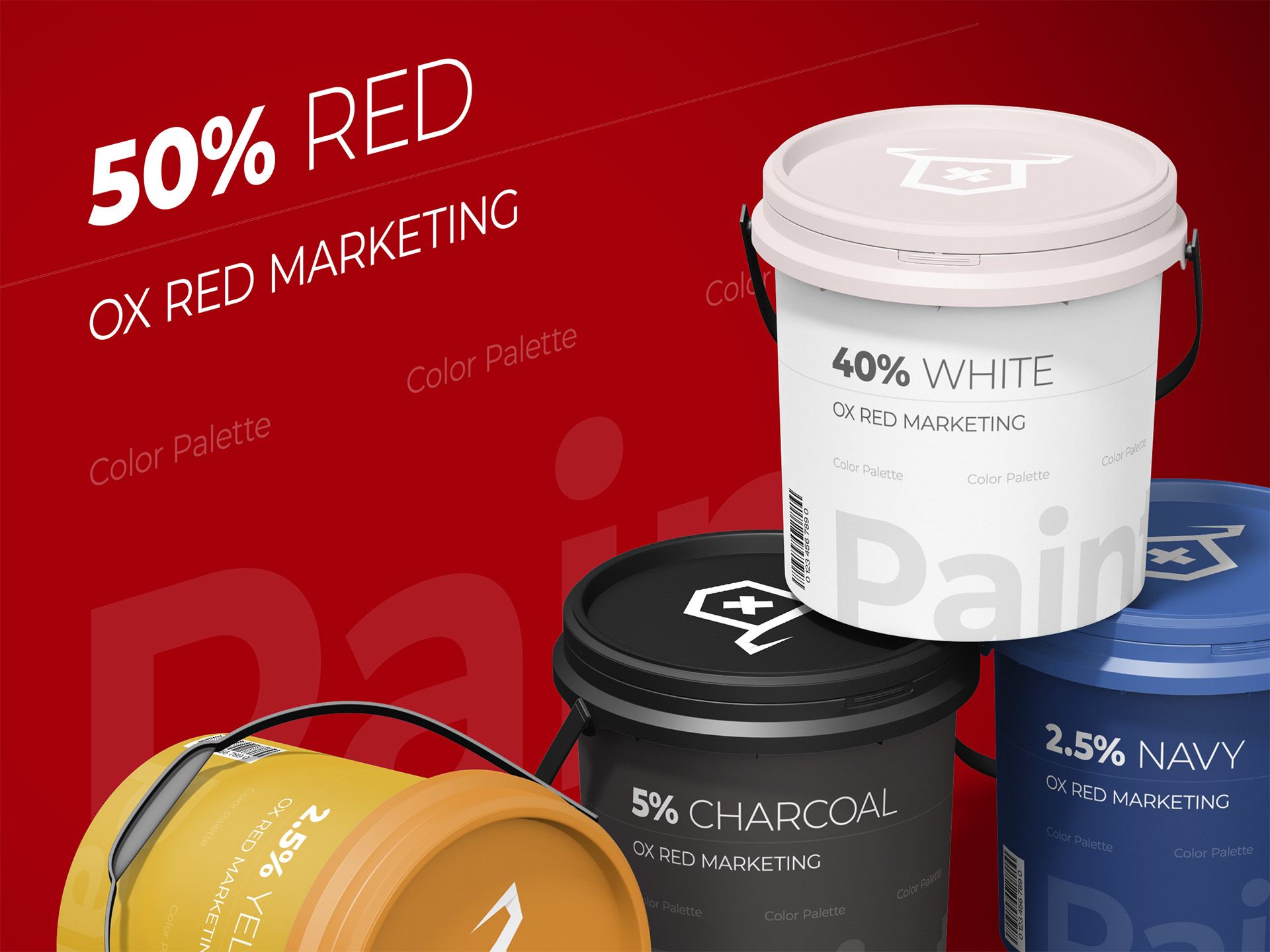 Ox Red Marketing brand color palette shown as paint cans labeled with percentage breakdowns, led by a bold red base tone