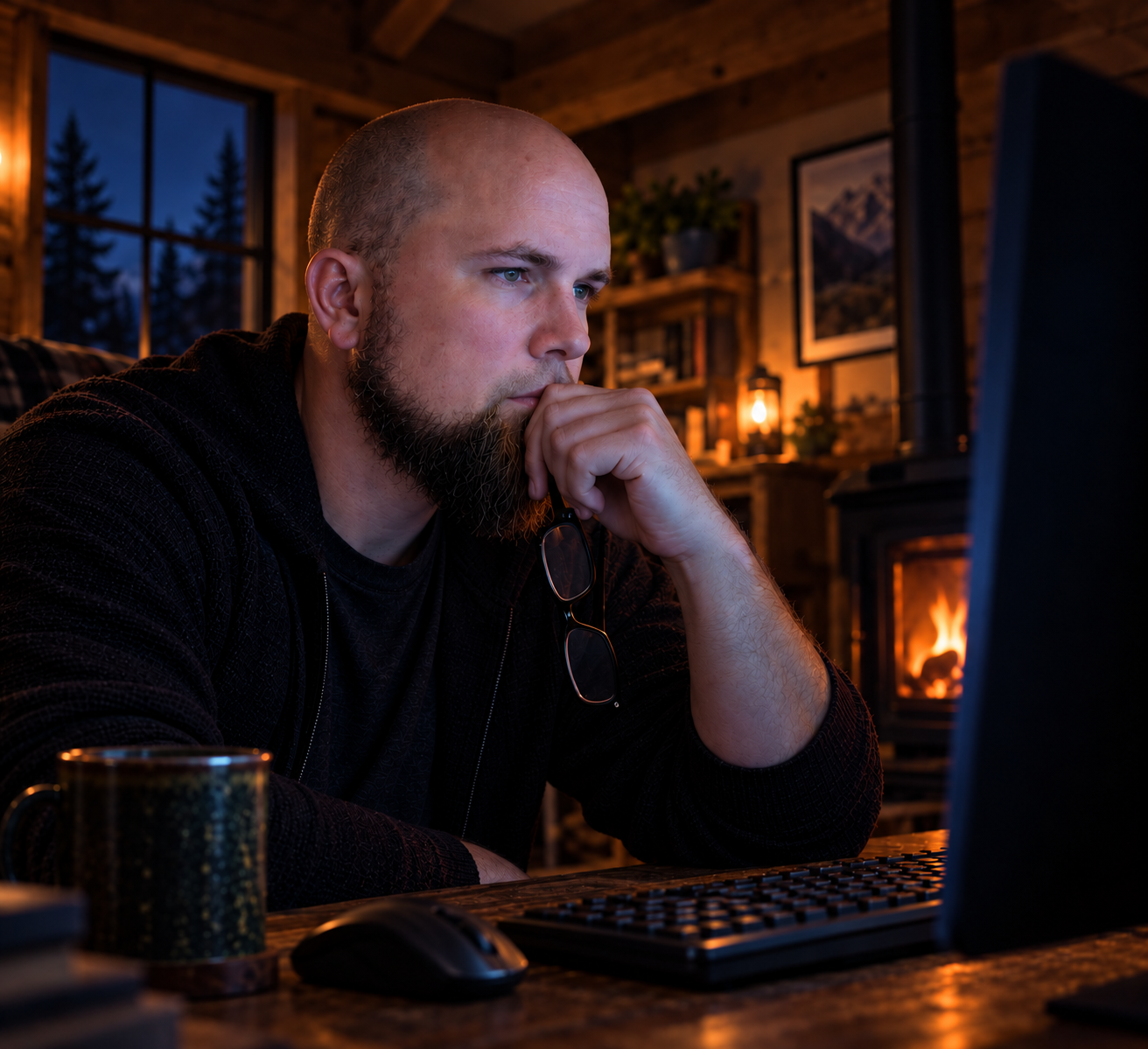 Michael-Profile-2 Michael Alder working on design concepts at the computer in a warm modern cabin environment