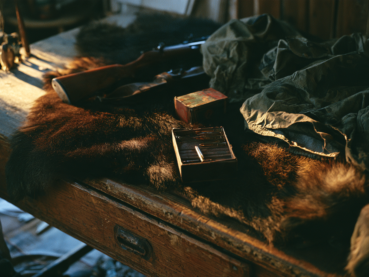 Rifle and hunting gear laid out on a wooden table with camo fabric