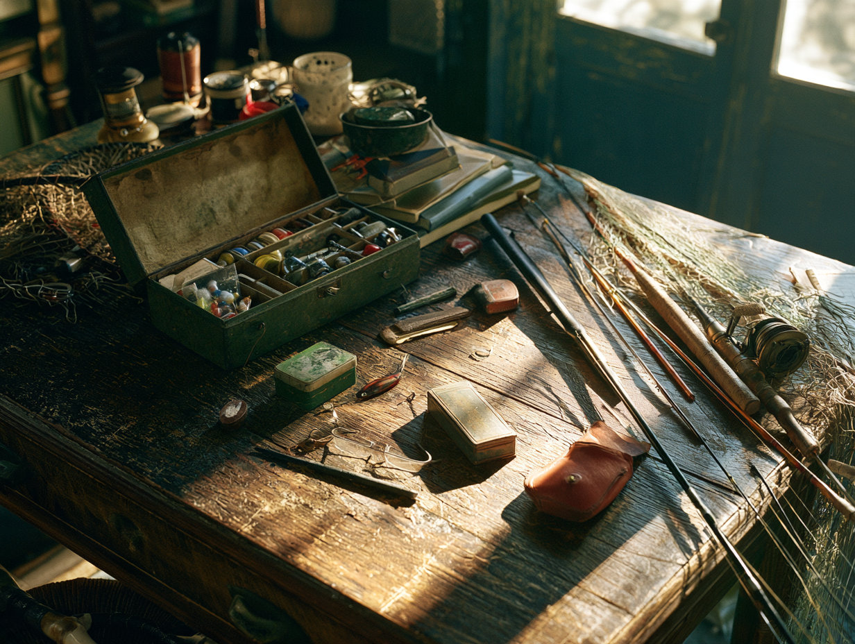 Overhead view of a fishing tackle box, fly rod, and gear on a worn wooden table