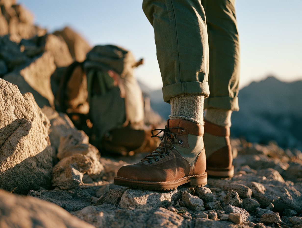 Close-up of hiking boots and legs on rocky trail terrain