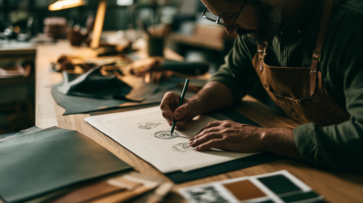 man sketching multiple logo concepts with pencil and paper