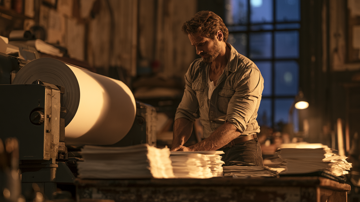 man working in warehouse with giant printer and reams of paper