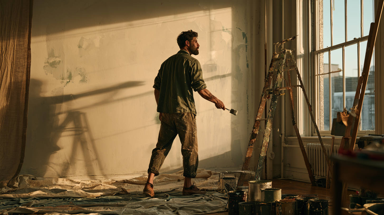 man painting old studio wall with cans of paint and dramatic lighting