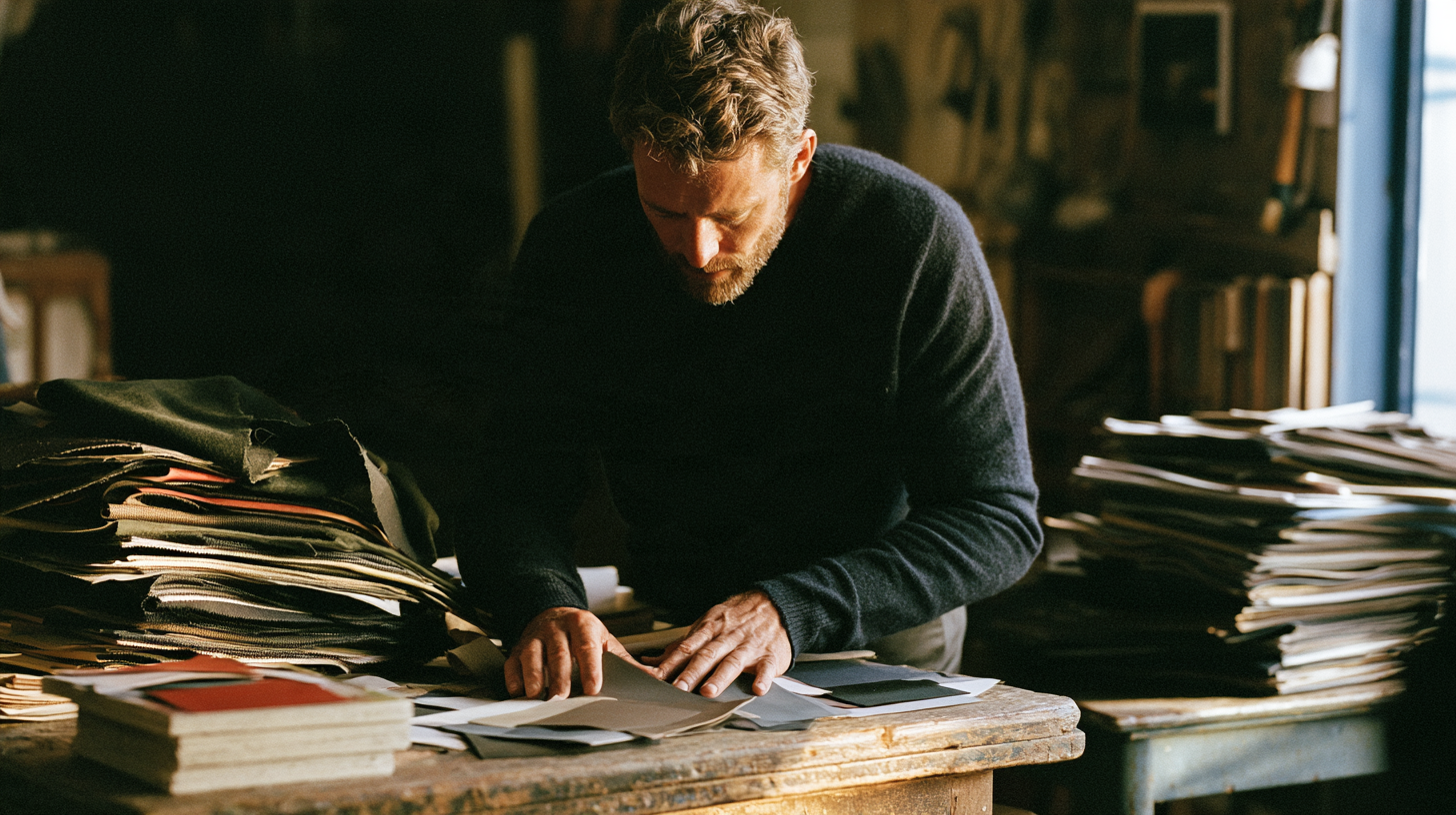 man laying out an assortment of color swatches