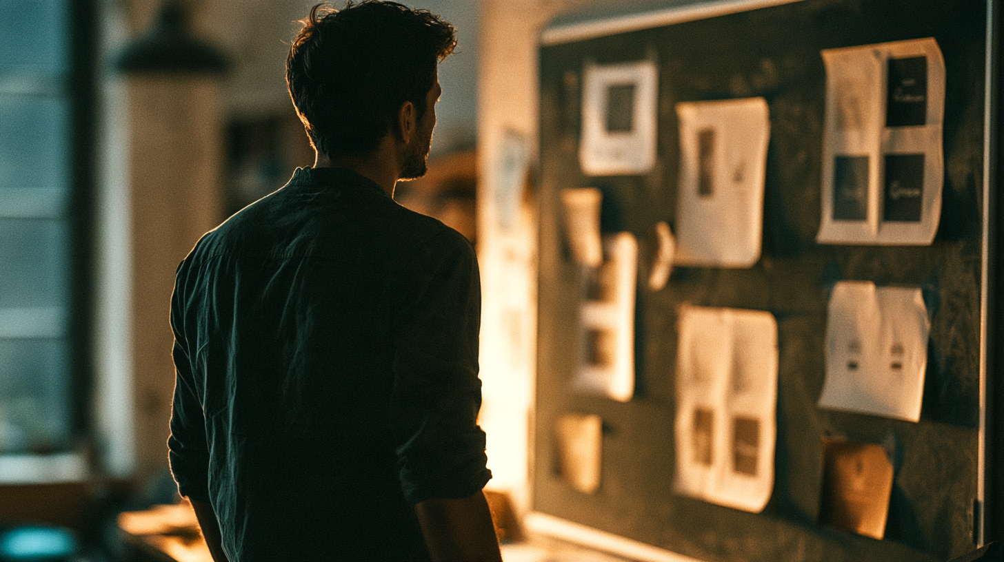 man looking at logo options at various sizes on a chalk board