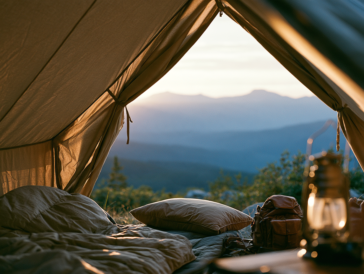 View from inside a canvas tent looking out at mountains at dusk