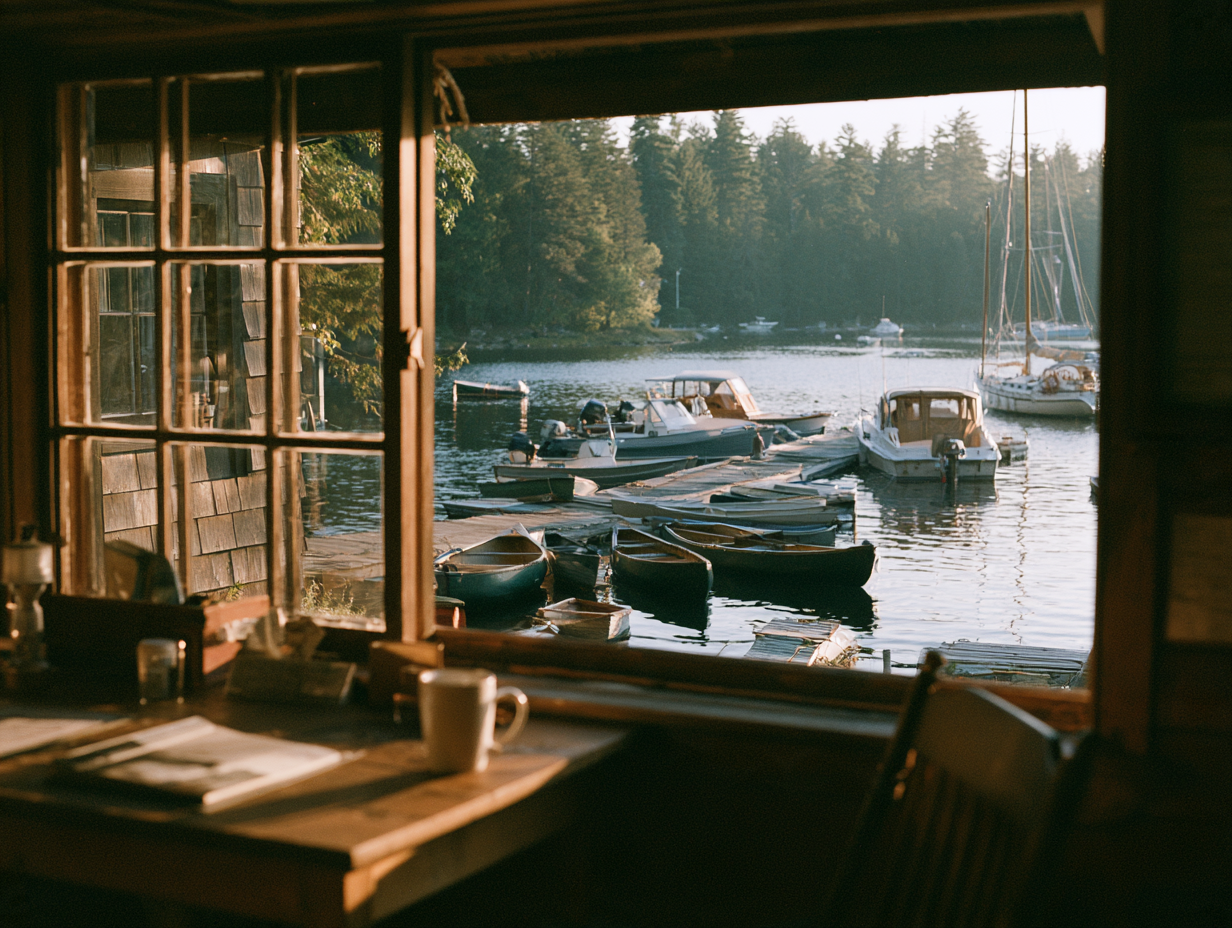 View through an old cabin window looking out at a marina and boats on the water