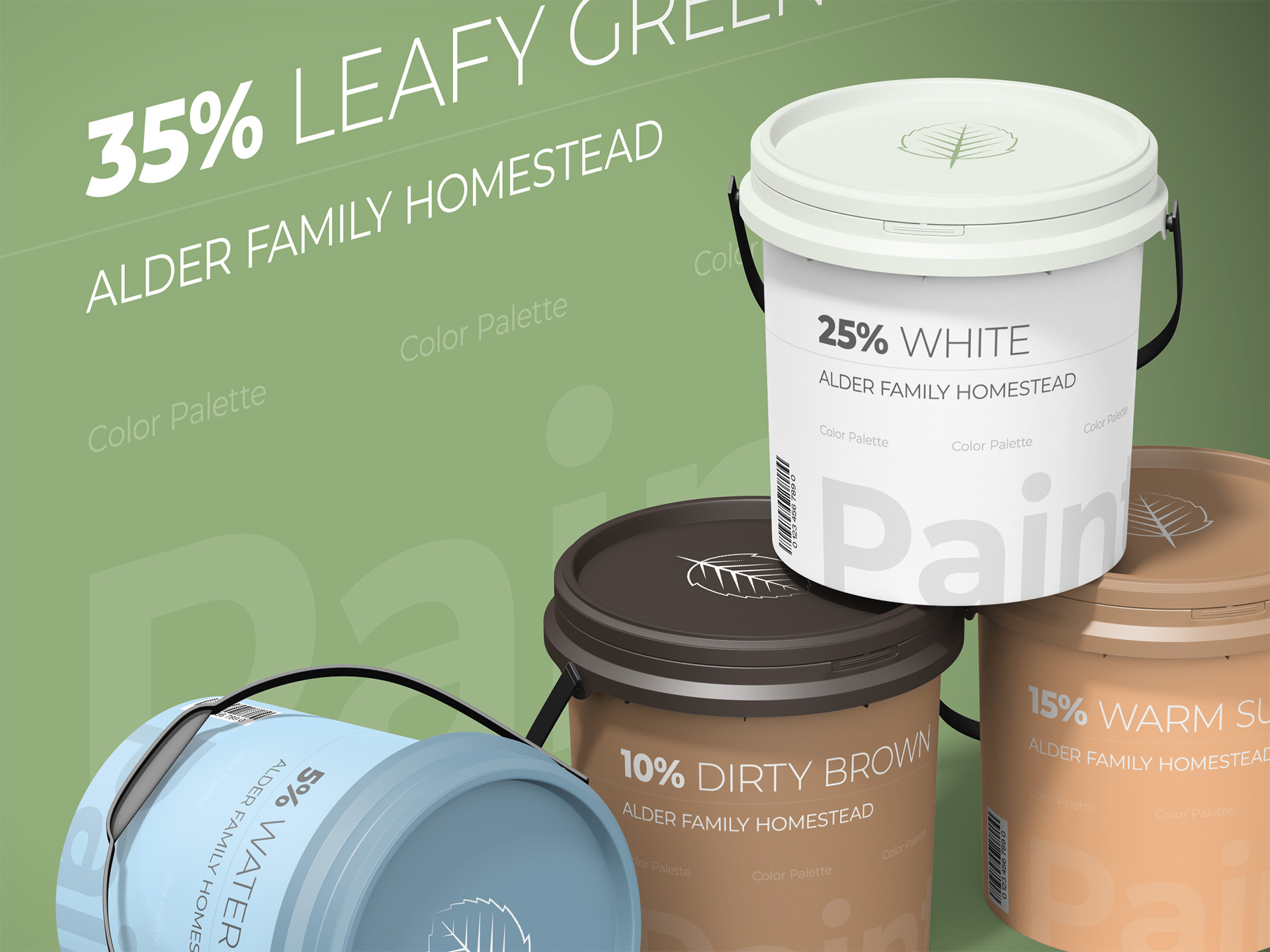 Alder Family Homestead brand color palette shown as paint cans labeled with percentage breakdowns, led by a leafy green base tone