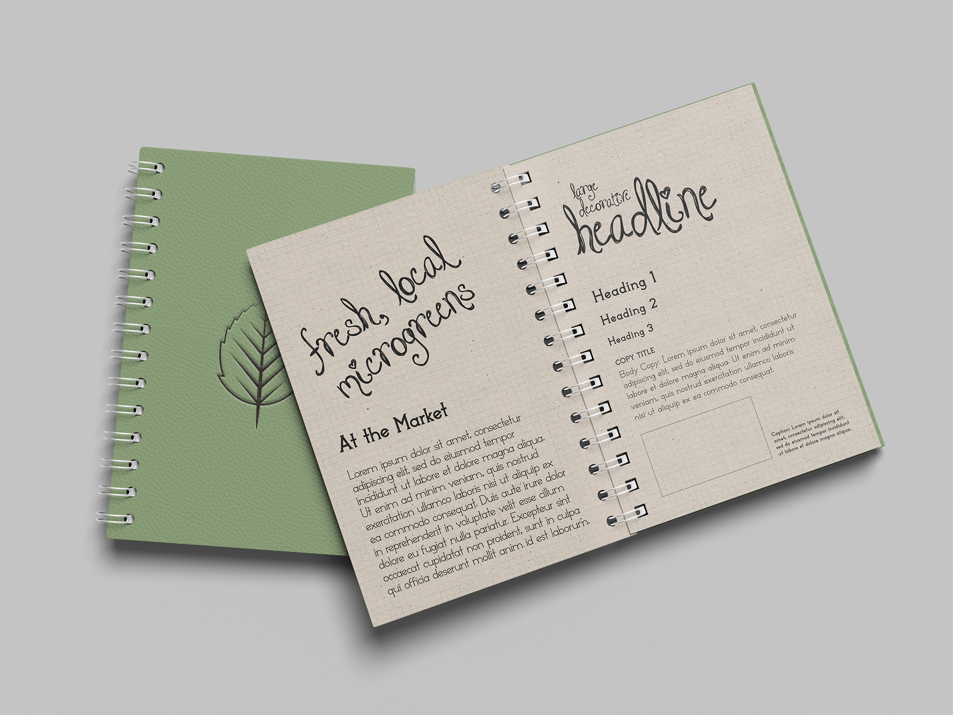 Alder Family Homestead brand typography shown in a spiral notebook style guide mockup, featuring a hand-lettered 'Fresh, Local Microgreens' headline and embossed leaf logo on the cover