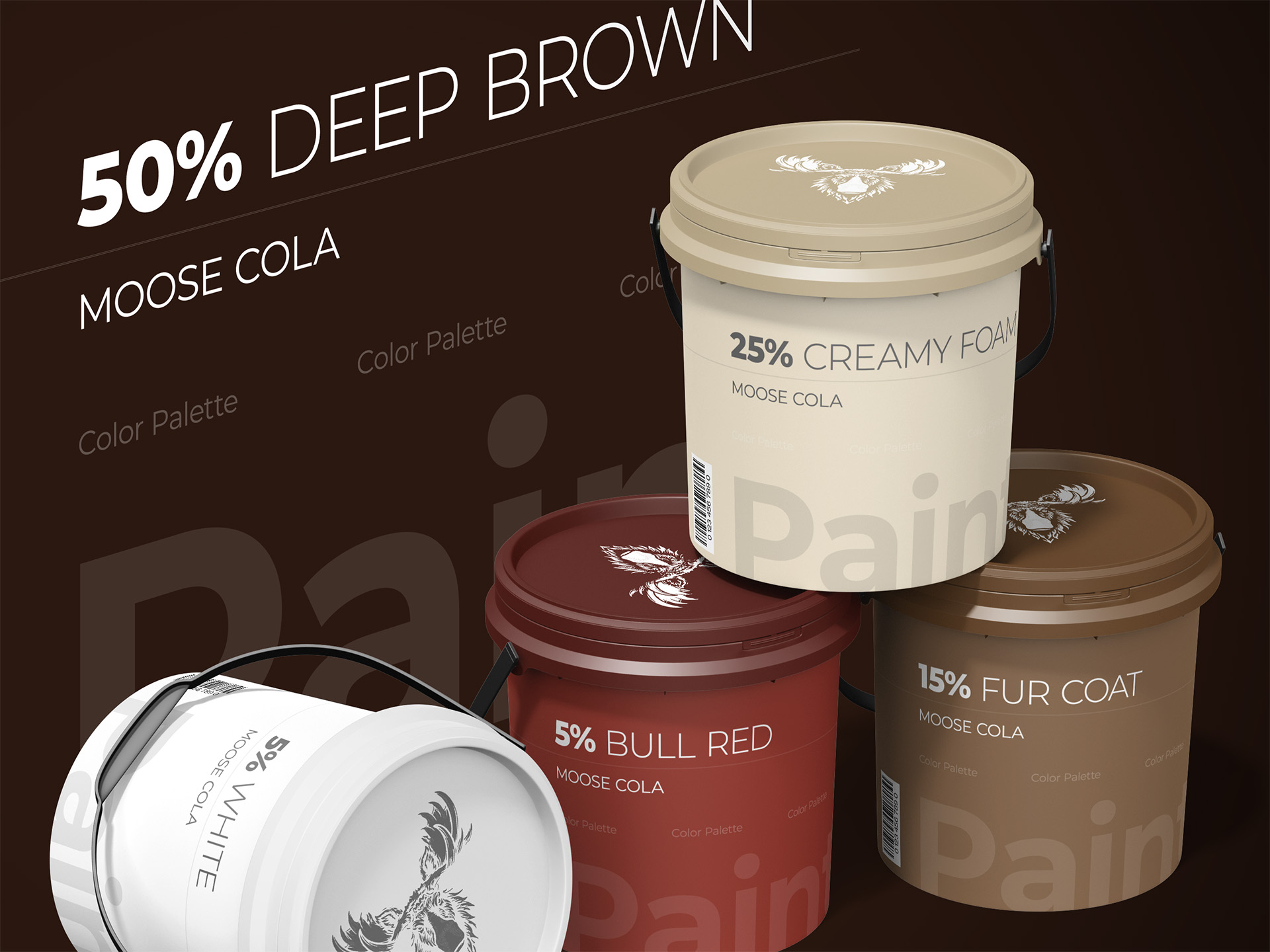 Moose Cola brand color palette shown as paint cans labeled with percentage breakdowns, led by a deep brown base tone
