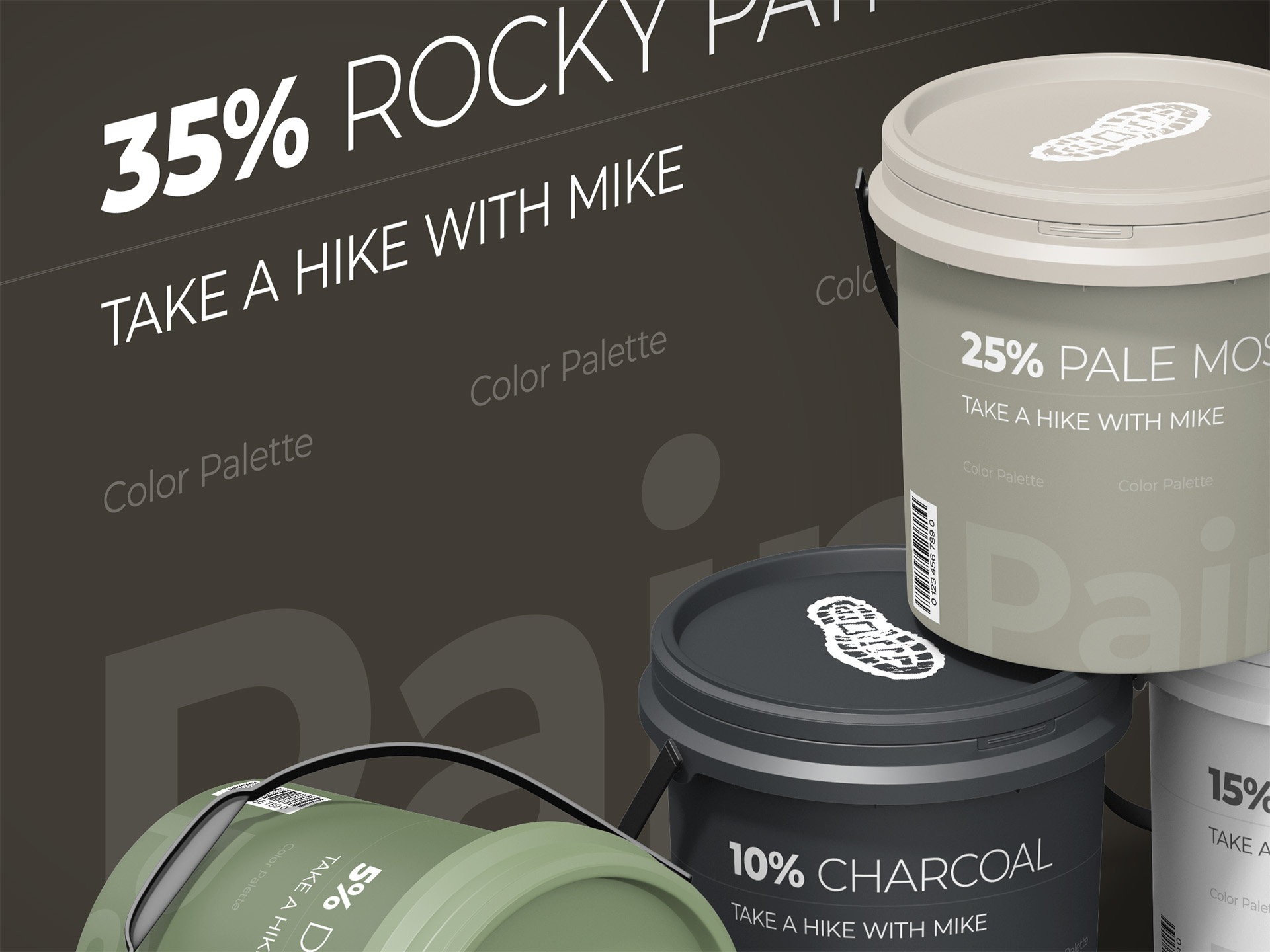 Take a Hike with Mike brand color palette shown as paint cans labeled with percentage breakdowns, led by a rocky path tan base tone