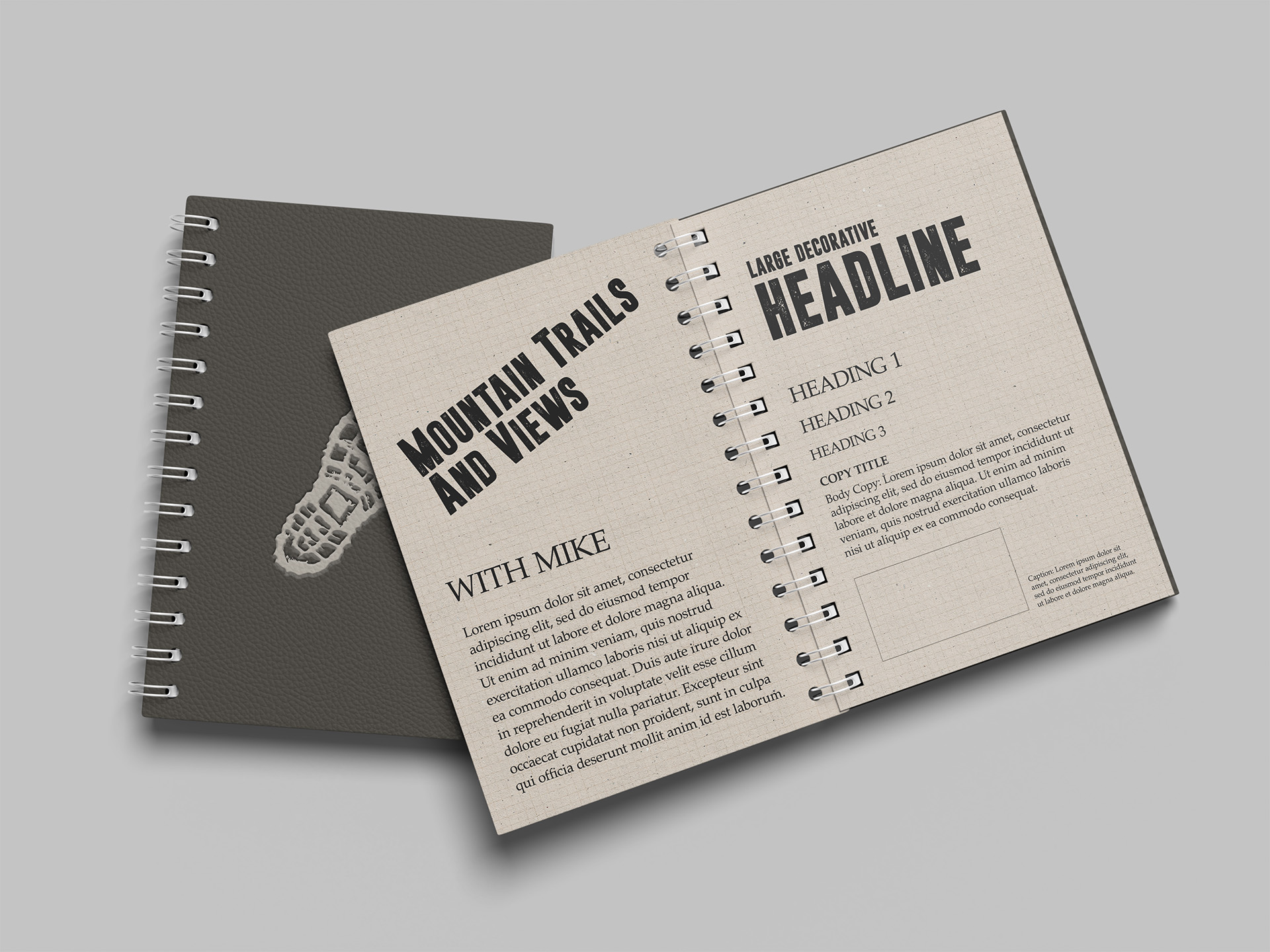 Take a Hike with Mike brand typography shown in a spiral notebook style guide mockup, featuring the Mountain Trails and Views display headline and an embossed boot-print logo on the cover