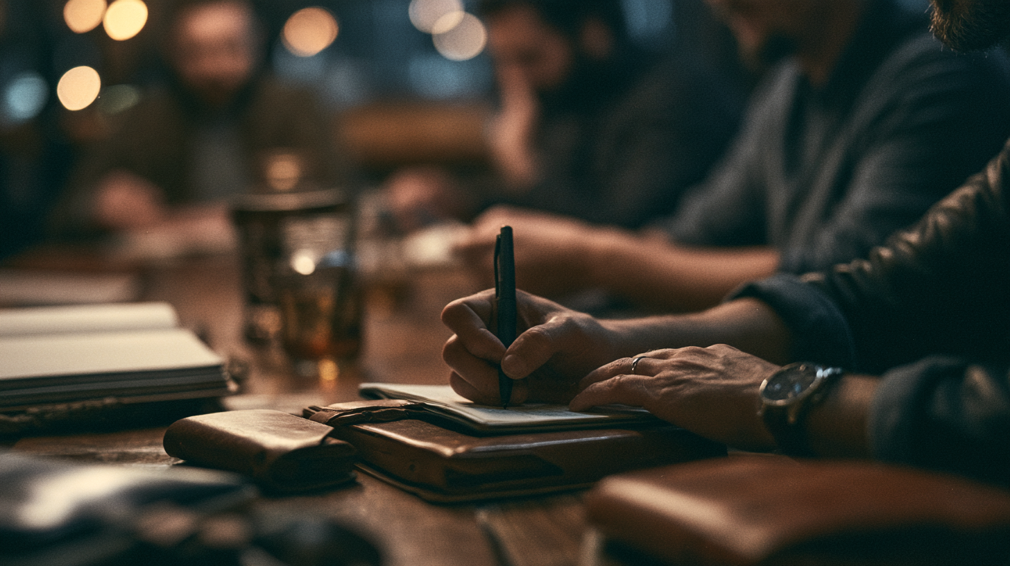 man writing notes in a leather-bound notebook during a brand strategy meeting