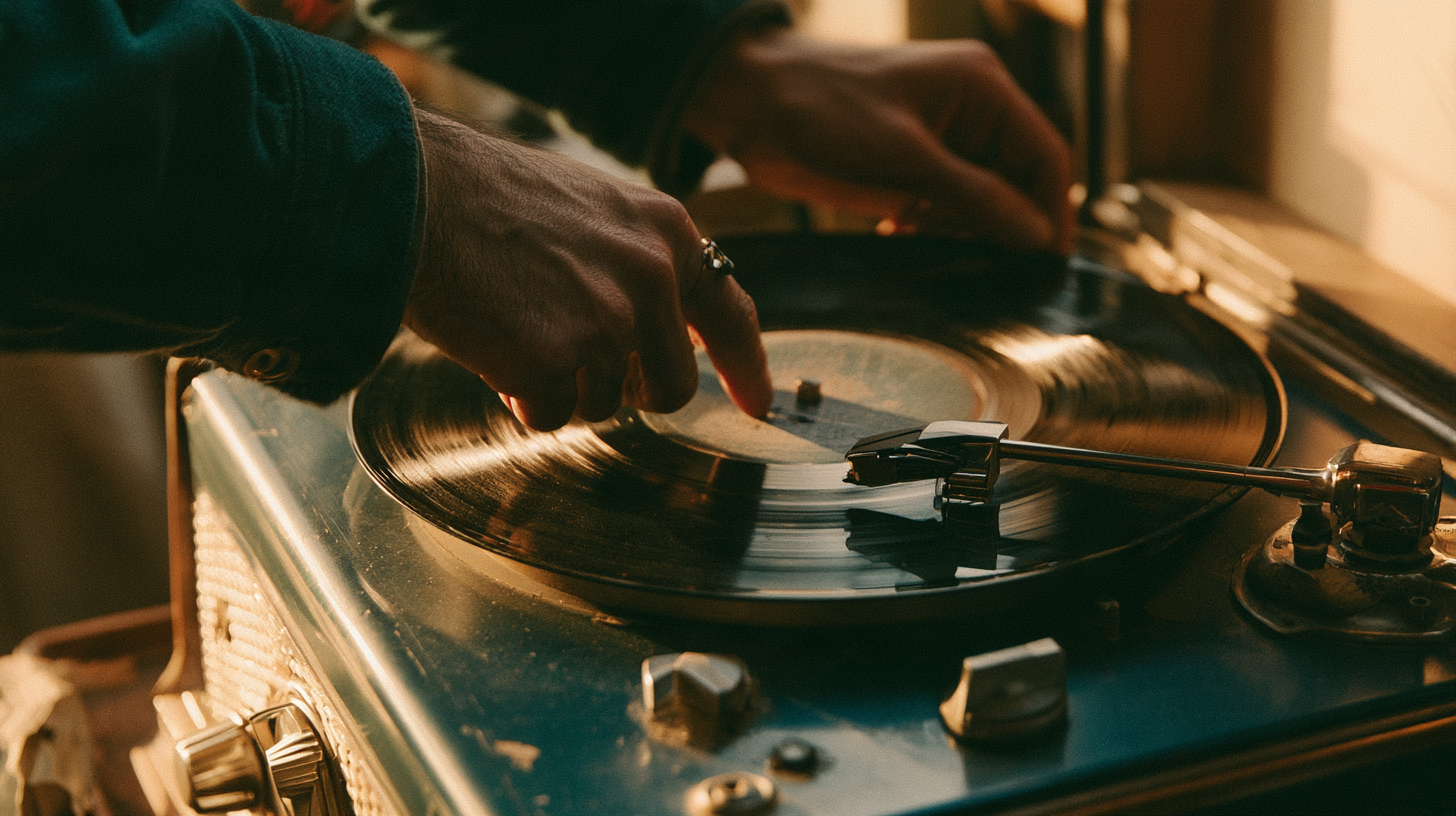 Michael_closeup_of_metal_letters_and_masculine_hands_setting__b4c67388-3798-43f9-959c-4b1d0b2901fd_2 man putting a vinyl on an old record player to listen to music related to Apple Music rebrand