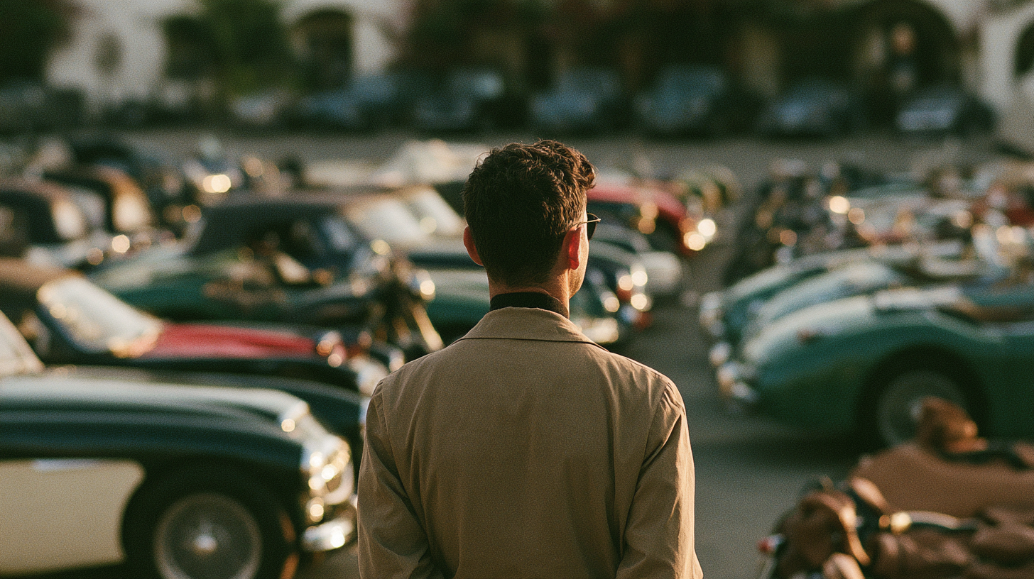 man looking our over lot of vintage racing cars