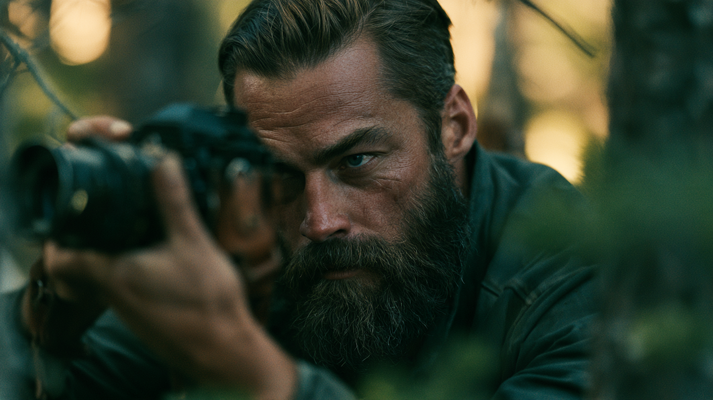Michael_rugged_masculine_man_mid_30s_neatly_trimmed_beard_in__f1278a38-36e8-4d3a-bfe7-7e1885496ac2_3 man in the woods taking photos with a film camera to illustrate photography in brand