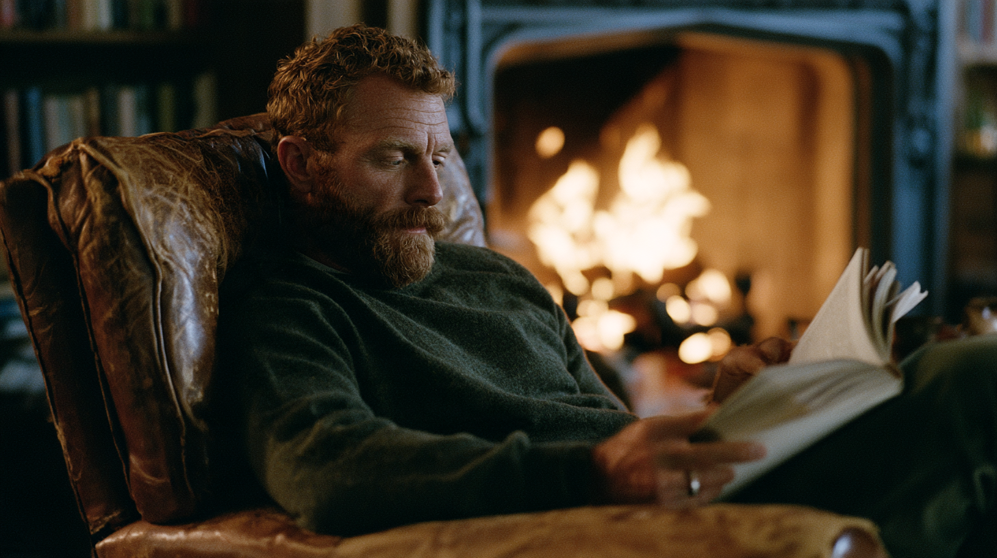 Michael_rugged_masculine_man_mid_30s_neatly_trimmed_beard_rea_ff5f3c08-c6dd-42a2-967a-f8e7a32ce080_3 man sitting comfortably in leather chair reading over a brand guide