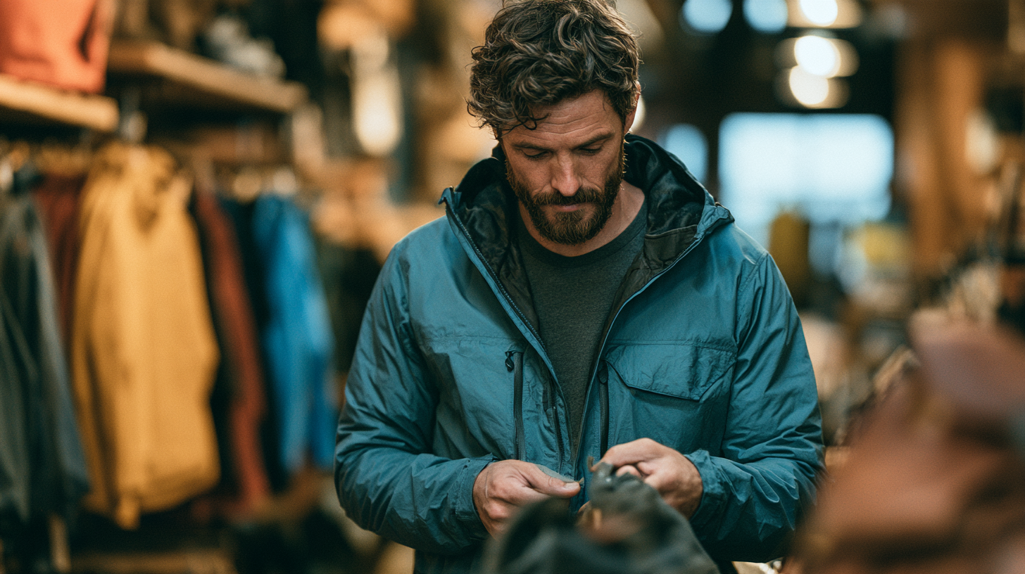 Michael_rugged_masculine_man_mid_30s_neatly_trimmed_beard_sho_0b54e4ac-e5cb-4076-b7c0-46b38e99653c_3 man shopping for outdoor gear at an outfitter, looking through different wares